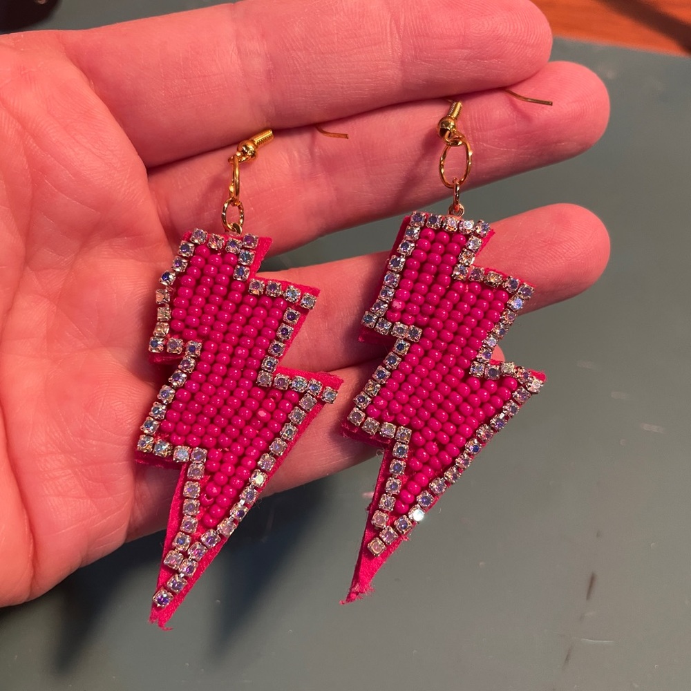 New Hot Pink Lightning Bolt Beaded Drop Earrings